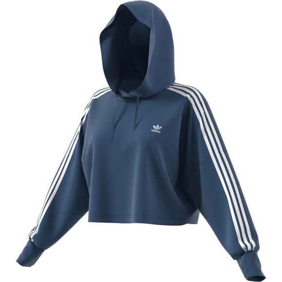 Women Adidas Originals Trefoil 3-Stripes Cropped Hoodie Mineral Blue Size XL - Picture 6 of 6